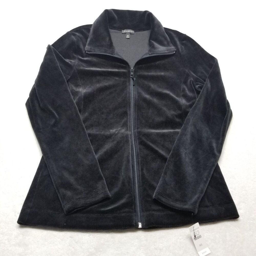 Talbots XS Black Track Jacket Velour Full Zip Pockets Long Sleeves Black NEW